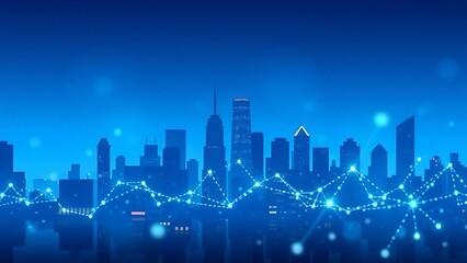 Fototapeta premium Abstract city skyline silhouette with glowing connection nodes against a blue gradient backdrop.