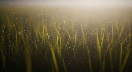 Obraz premium Magical close-up of fresh green grass with glowing dust particles in a dreamy morning light with a soft focus effect