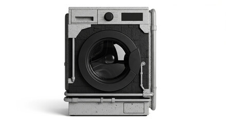 A brutalist style washing machine made of concrete and black metal, isolated on a white background, 3d render