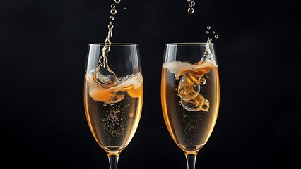 Two champagne glasses capturing golden liquid splash in motion, dark background emphasizing the vibrant bubbles.