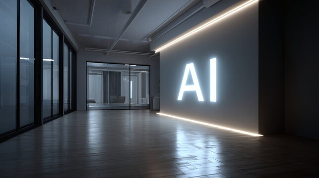 A wide shot of a single, glowing holographic 'AI' text floating in a clean, empty room. The image's minimalist composition and subtle light effects create a futuristic and thought-provoking mood.