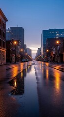 Obraz premium A wet city street at dusk, with reflections of streetlights on the wet pavement and buildings lining the road.