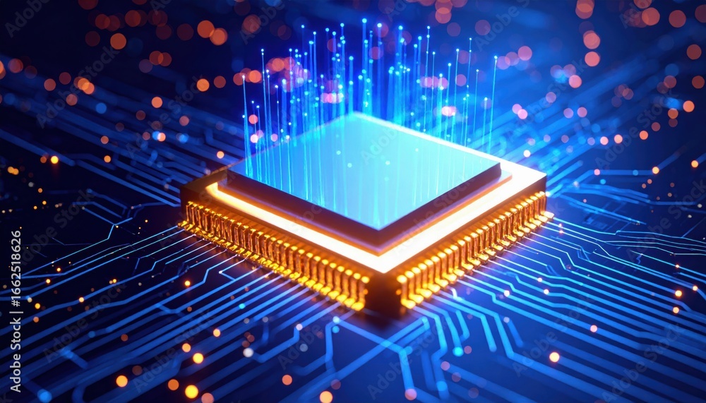 Poster a vibrant illustration of a microprocessor with glowing circuits and digital particles, symbolizing 