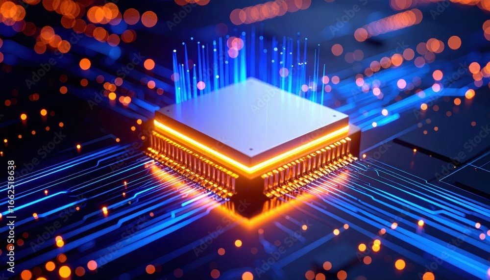 Poster a vibrant digital representation of a microchip with glowing circuits, symbolizing advanced technolo