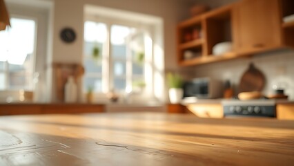 Obraz premium Close-up of a wooden kitchen table with warm lighting and a softly blurred background.