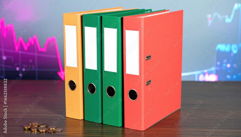 Poster a collection of colorful file folders arranged neatly on a desk, with a backdrop featuring financial
