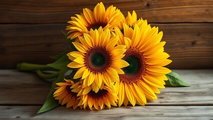Sunflower arrangement on rustic wood with warm golden lighting.