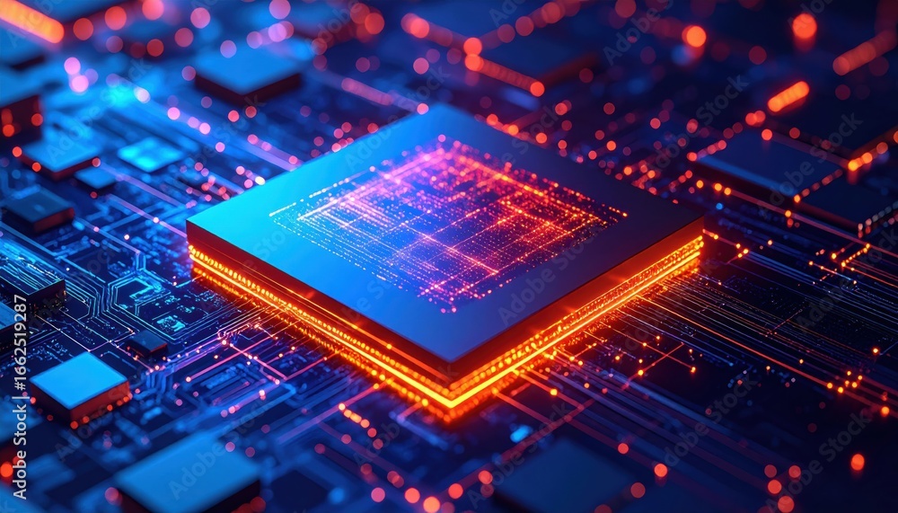 Poster a vibrant close-up of a computer chip on a circuit board, showcasing intricate patterns and glowing 