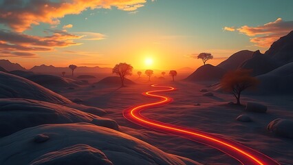 Surreal dawn landscape with six morning rituals creating protective neural pathways in a stylized brain