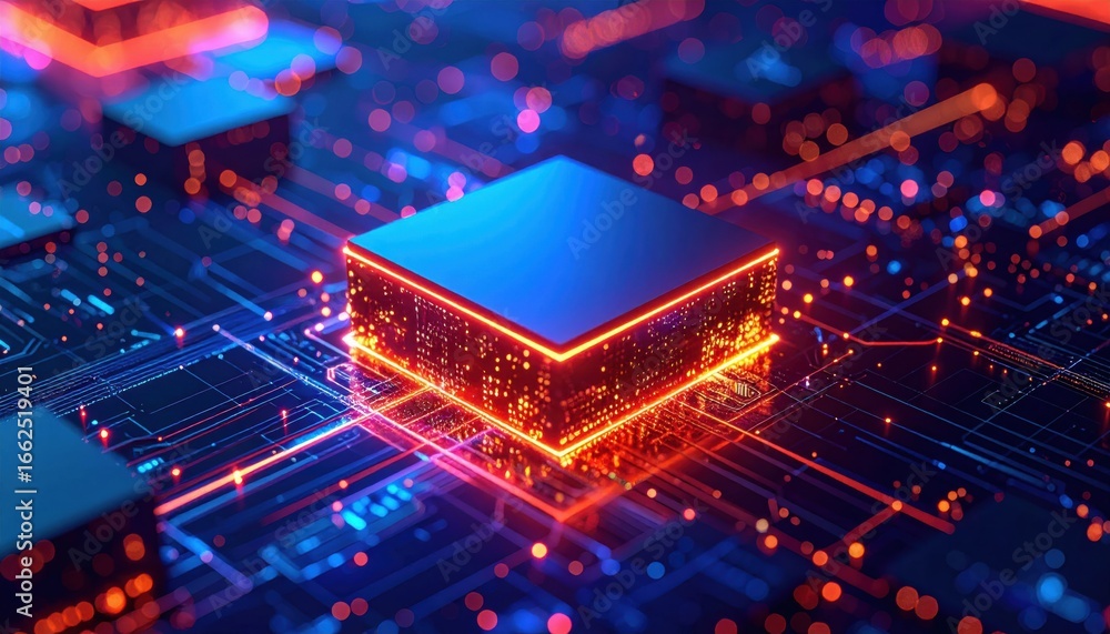 Poster a vibrant digital illustration of a microchip surrounded by glowing circuitry, emphasizing technolog