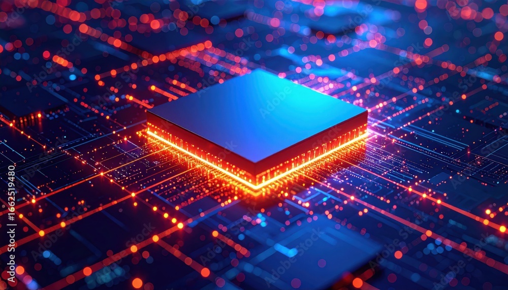 Poster a vibrant representation of a microchip surrounded by glowing circuits, showcasing technology and in
