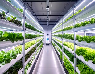 A robot navigates a brightly lit vertical farm filled with rows of lush leafy greens. This showcases automated and efficient urban agriculture technology.
