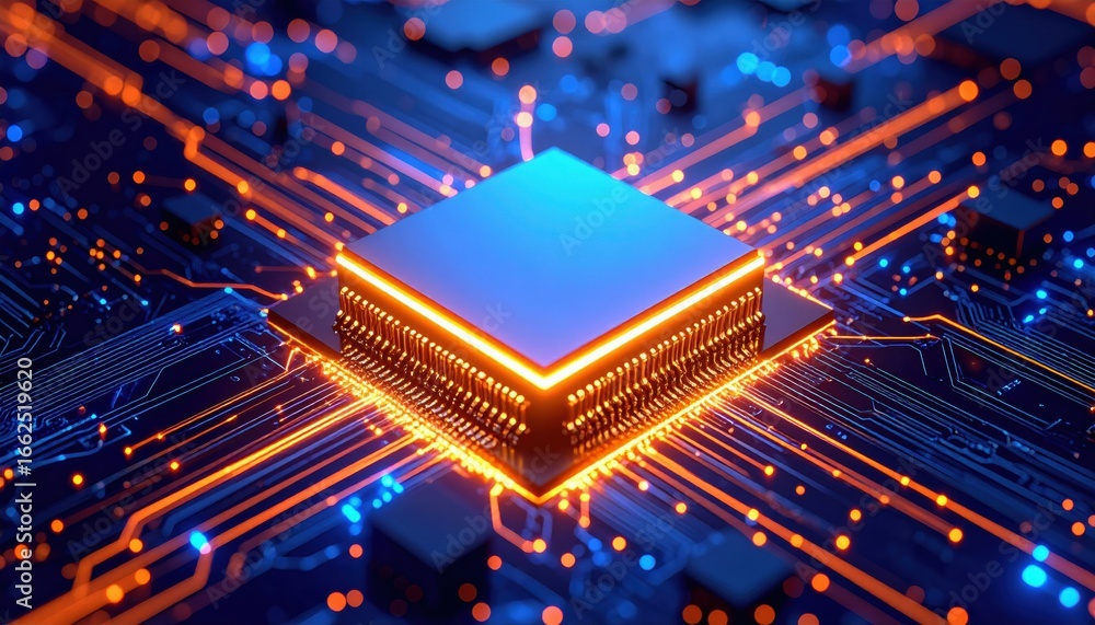 Poster a vibrant microprocessor surrounded by glowing circuit pathways, representing advanced technology an