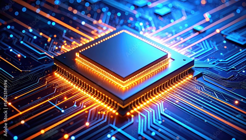 Aufkleber a vibrant microchip surrounded by glowing circuitry, showcasing futuristic technology and the intric