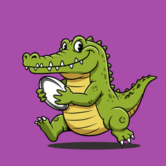 Cheerful green crocodile running with a white rugby ball, smiling brightly against a solid purple background.