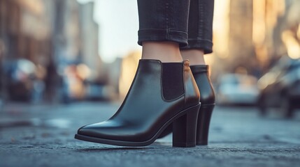 Stylish black heeled ankle boots on a city street
