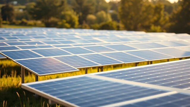 Solar panels in a sunlit field, representing sustainable energy and environmental care.
