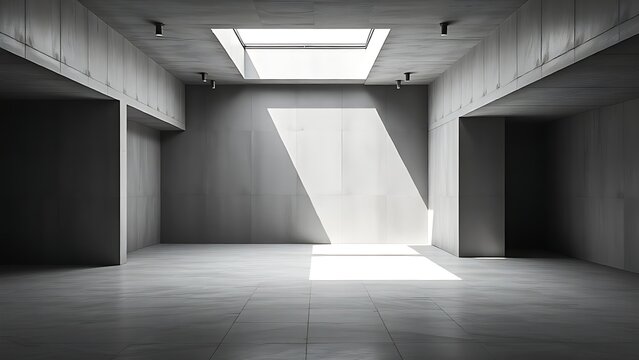 A monochrome concrete interior with clean lines and geometric shadows, illuminated by natural skylight.
