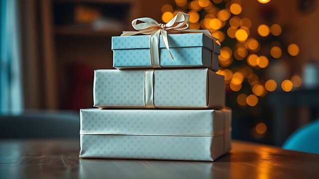 Stack of gift boxes with decorative ribbons on a wooden table, evoking warmth and festive celebration.
