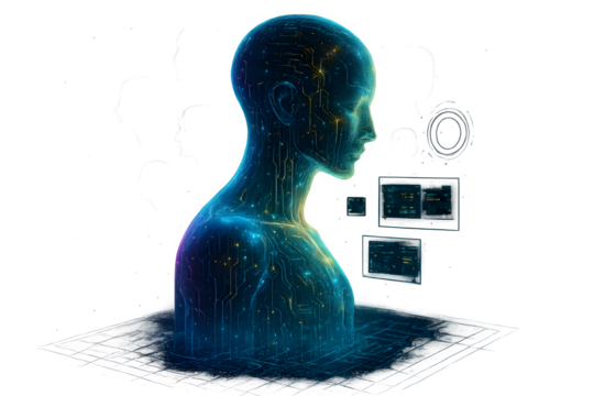 Futuristic Artificial Intelligence Concept – Digital Human Head with Neural Network and Technology Interface