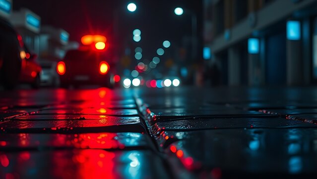 Glowing red and blue emergency lights reflecting on wet pavement in dramatic night scene.