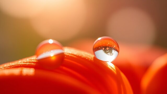 A close-up of a dewdrop on a bright orange flower petal, capturing the beauty of morning light.