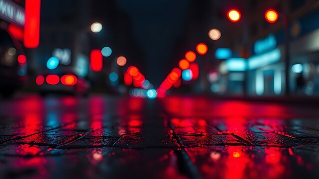 Glowing red and blue lights reflecting on wet pavement at night with dramatic contrast.