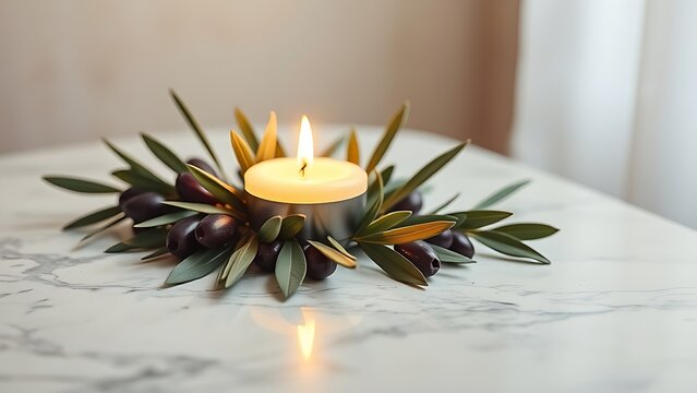 A glowing peace candle surrounded by olive leaves on marble, symbolizing tranquility and harmony.