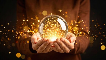 Fototapeta premium A glowing orb held in hands, surrounded by sparkling light, evoking a sense of magic and wonder.