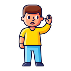 Boy's Stop Gesture: A cartoon boy is raising his hand to stop in a cartoon image. This minimalist, vibrant illustration is perfect for conveying messages about safety, instruction, or warning. 