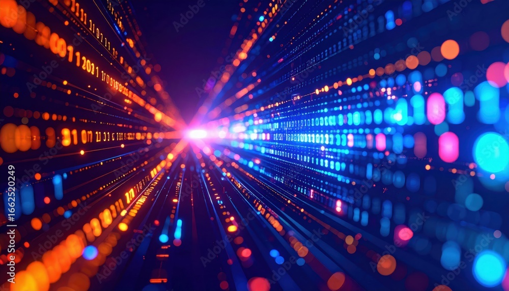 Poster a vibrant digital abstract image showcasing rays of light in various colors, resembling data streams