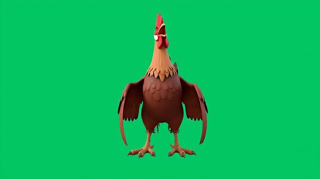 Lively Cartoon Rooster Flapping Wings and Crowing on Green Screen, Farm Animal Animation