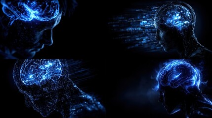 Four dark blue digital renderings of human heads, showcasing glowing, interconnected brains, with streaks of data in the background