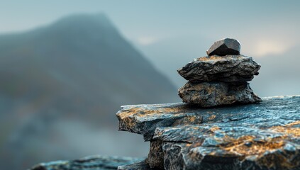 Stacked rocks on a mountain precipice, misty mountain range in background