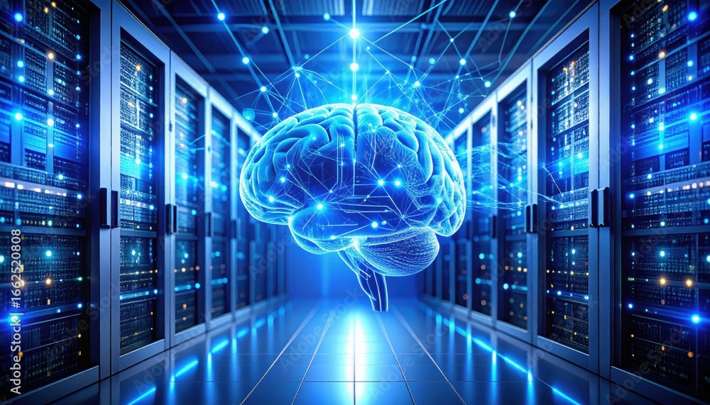 Poster a futuristic image depicting a glowing blue brain surrounded by server racks, symbolizing the inters