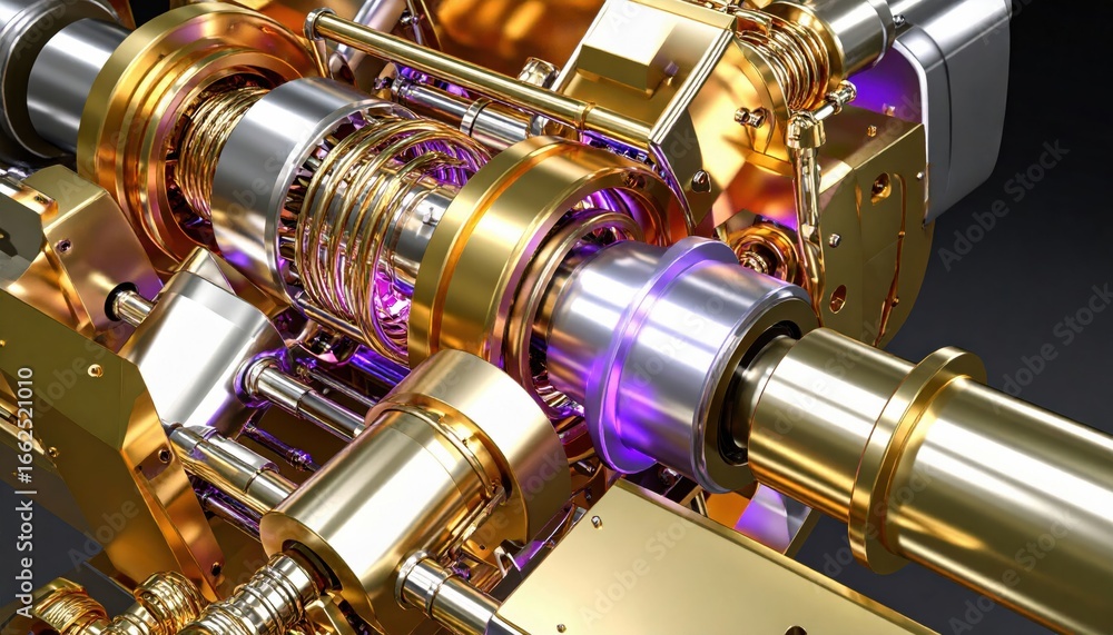 Poster a close-up view of a complex, futuristic mechanical engine component featuring intricate gold and si