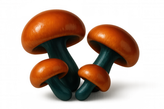Glossy orange mushrooms with teal stems clustered together, rendered digitally on transparent background