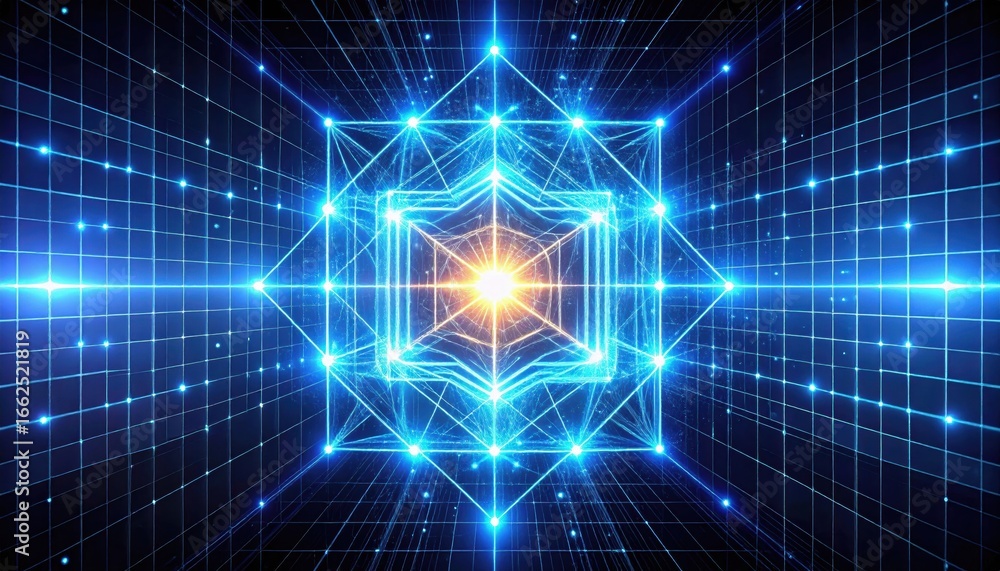 Poster a vibrant digital grid featuring blue lines and a central glowing star, creating an illusion of dept