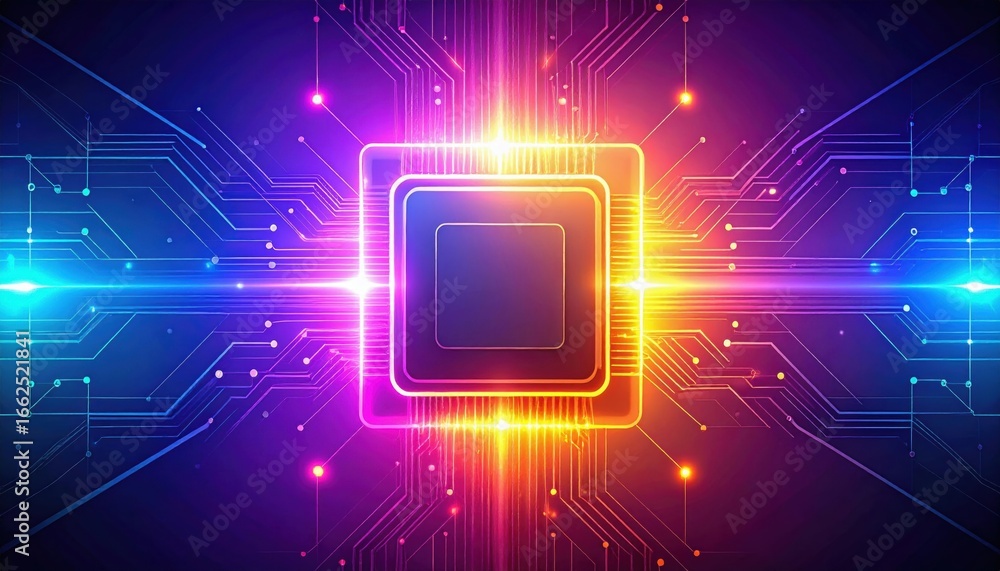 Poster a vibrant, abstract representation of a microchip surrounded by colorful circuit patterns, evoking t
