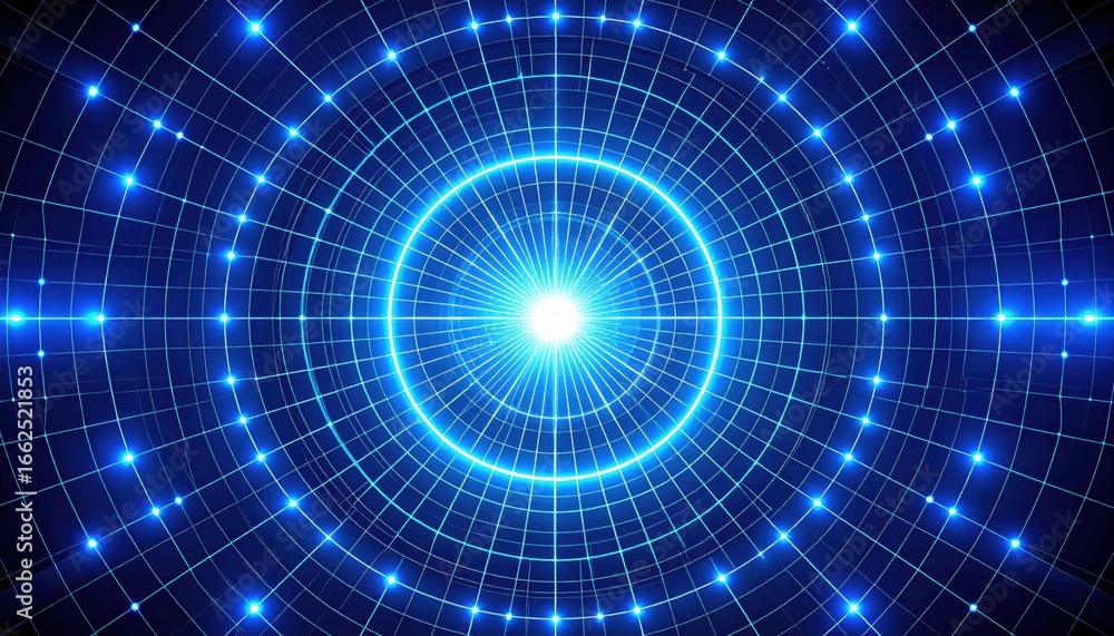 Aufkleber a vibrant digital pattern featuring concentric circles and a grid of glowing blue lights radiating f