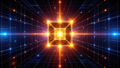 Fototapeta premium A vibrant, abstract digital representation of a glowing cube in a grid-like space, conveying a sense of depth and energy.
