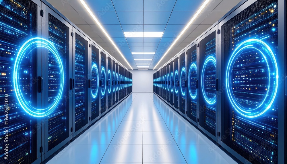 Aufkleber a futuristic data center corridor featuring rows of servers illuminated with glowing blue circular d