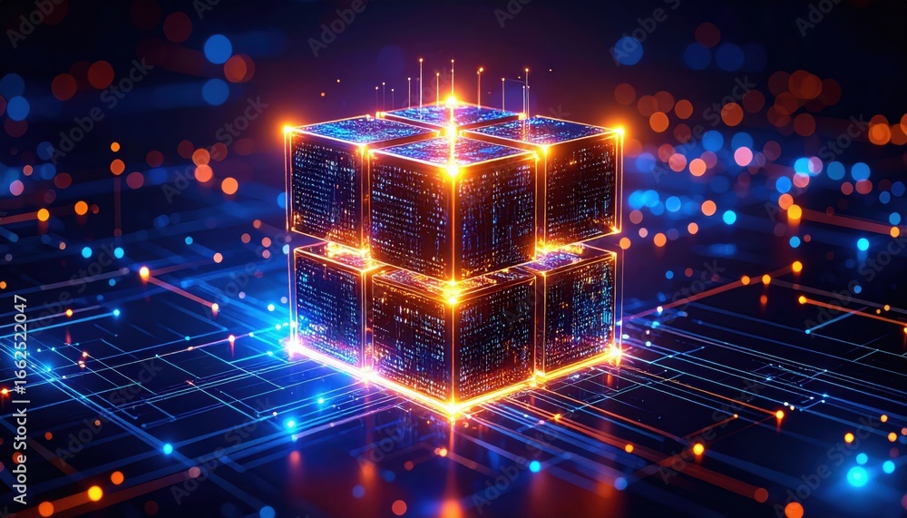 Poster a visual representation of illuminated cubes surrounded by a network of glowing lines and particles,