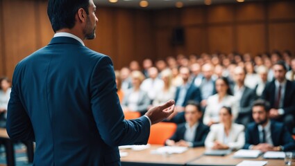 Confident businessman giving a presentation in front of crowd in meeting conference seminar room. Leadership authority teamwork in business concept