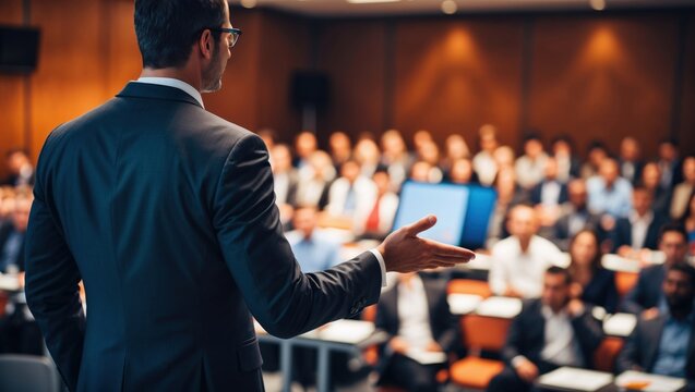 Confident businessman giving a presentation in front of crowd in meeting conference seminar room. Leadership authority teamwork in business concept
