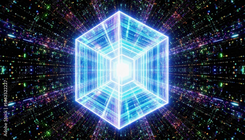 Poster a vibrant, glowing cube surrounded by a swirl of colorful light particles, creating a sense of depth