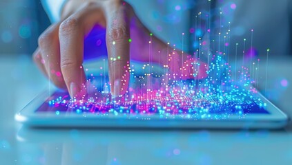 A hand interacts with a tablet displaying abstract data visualizations