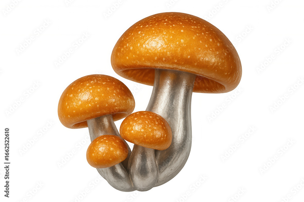Poster glossy orange mushrooms clustering with metallic stems against transparent backdrop