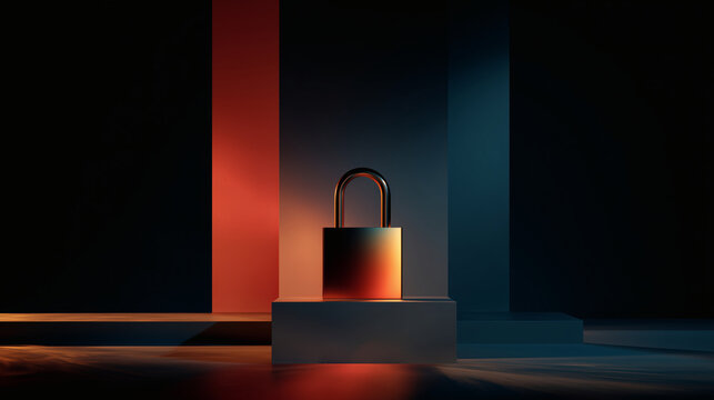 An artistic and abstract shot of a simple, glowing holographic padlock integrated into a minimalist geometric abstraction. 