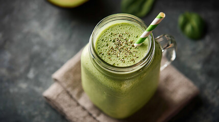 Green Smoothie in Mason Jar on Rustic Background